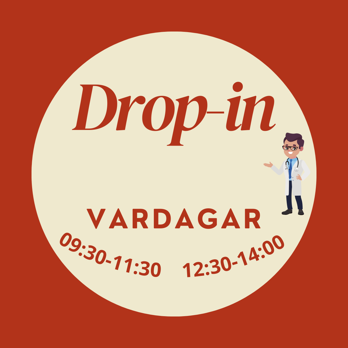 Bild för information om drop-in. Öppet vardagar 09:30-11:30 samt 12:30-14:00